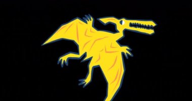 Siyah arka planda hareket eden sarı pterodactyl dinozorun animasyonu. Soyut arkaplan, desen ve renk konsepti dijital olarak oluşturulmuş video.