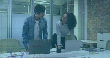 Animation of financial data processing over diverse business people in office. Global business, finances, computing and data processing concept digitally generated video.