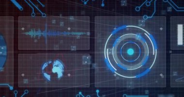 Yuvarlak tarayıcı, veri işleme ve mikroişlemci bağlantıları ile arayüzün animasyonu. Bilgisayar arayüzü ve iş teknolojisi kavramı