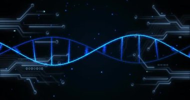 Ekranlarda ve DNA dizilerinde veri işleme animasyonu. Küresel iş, finans, hesaplama ve veri işleme kavramı dijital olarak oluşturulmuş video.