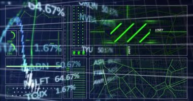 Karanlık arka planda finansal veri işleme animasyonu. Küresel iş, finans, bulut hesaplama ve veri işleme kavramı dijital olarak oluşturulmuş video.
