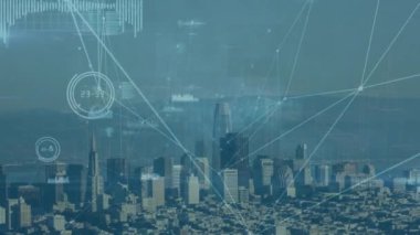 Animation of network of connections and data processing against aerial view of cityscape. Global networking and business technology concept