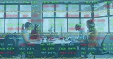 Animation of financial data processing over diverse business people in office. Global business, finances, computing and data processing concept digitally generated video.