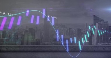 Animation of financial data processing over cityscape. Global business, finances, computing and data processing concept digitally generated video.