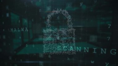 Siber güvenlik veri işleme ve yeşil arka planda güvenlik kilidi ikonu animasyonu. Siber güvenlik ve iş teknolojisi kavramı