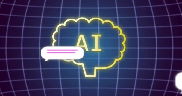 Animación Del Cerebro Con Texto Codificación Binaria Sobre Iconos Paisaje — Vídeo de stock