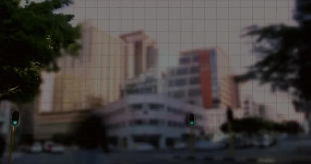 Анімація Обробки Даних Над Міським Пейзажем Глобальний Бізнес Фінанси Обчислення — стокове відео