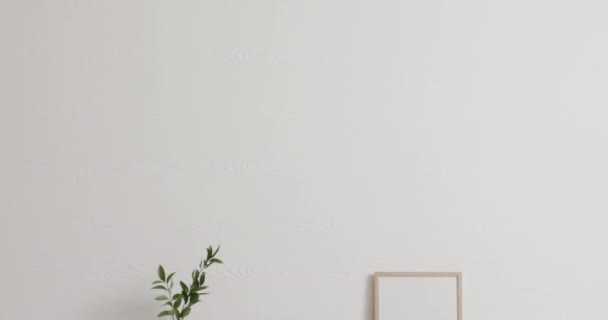 木质框架 白色背景上有复制空间 植物靠在白墙的桌子上 房屋装修和室内设计概念 — 图库视频影像