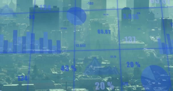 城市景观下的金融数据处理动画 全球商业 金融和数字接口概念数字生成视频 — 图库视频影像