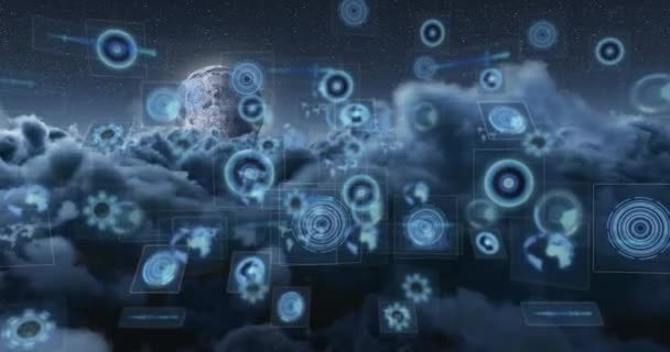 用云层和月亮在天空上进行数据处理的动画 全球技术 计算和数字接口概念数字生成视频 — 图库视频影像