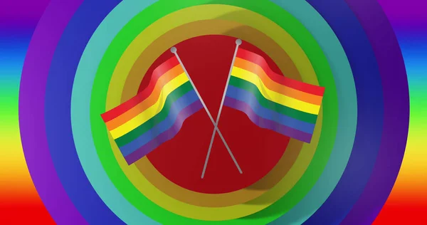 Image of rainbow flags over rainbow background. Pride month, lgbtq, human rights and equality concept digitally generated image.