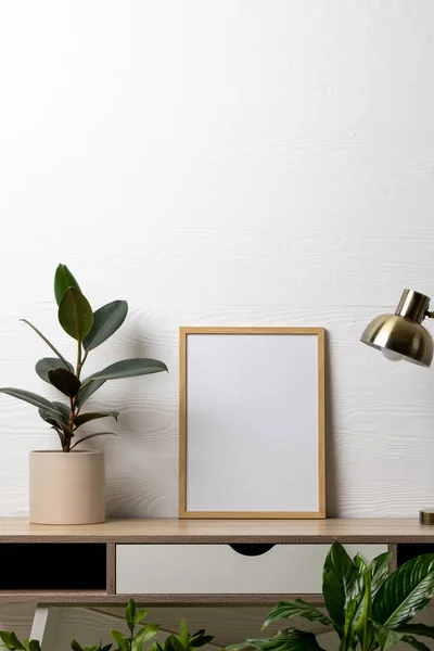 Vertical Empty Wooden Frame Copy Space Lamp Plants Pots Table — Stock Photo, Image