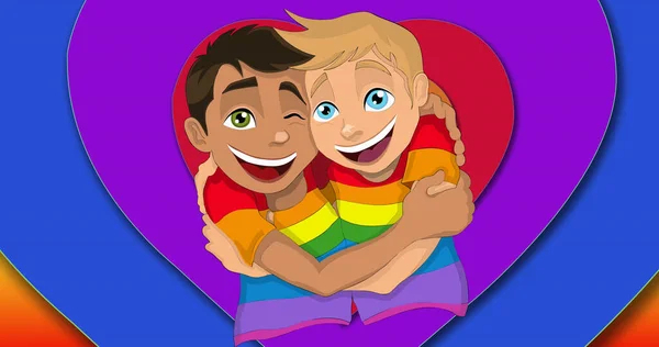 虹色のハートの背景にゲイの男性カップルのイメージ プライド月 Lgbtq 人権と平等の概念は デジタル画像を生成 — ストック写真