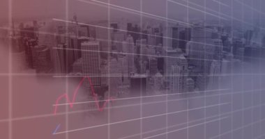 Animation of statistical data processing over grid network against aerial view of cityscape. Business data technology concept