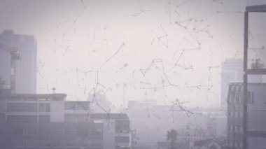 Animation of connections and data processing over cityscape. Global business, finances, computing and data processing concept digitally generated video.