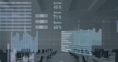 Animation of statistical data processing over grid network against empty office. Computer interface and business data technology concept
