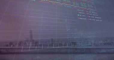 Borsa animasyonu ve şehir manzarasının havadan görüntüsüne karşı istatistiksel veri işleme. Küresel ekonomi ve iş veri teknolojisi kavramı