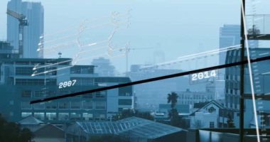 Animation of financial data processing over cityscape. Global business, finances, computing and data processing concept digitally generated video.