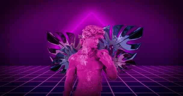 Animacja Neonowej Antycznej Rzeźby Liści Neonowego Kwadratu Usterką Przezroczystym Tle — Wideo stockowe