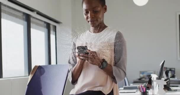 Animation Nft Text Banner African American Woman Using Smartphone Office — Stock Video