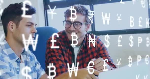 Animation Currency Symbols Two Diverse Men Discussing Laptop Office Global — Stock Video
