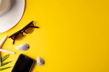 Hasır şapka, güneş gözlüğü, akıllı telefon, bitki ve deniz kabukları. Seyahat ve tatil.