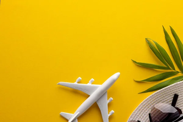Model Samolotu Słomkowy Kapelusz Okulary Przeciwsłoneczne Roślina Żółtym Tle Przestrzenią — Zdjęcie stockowe