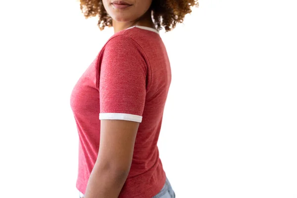Biraciale Vrouw Met Rood Shirt Met Kopieerruimte Witte Achtergrond Kleding — Stockfoto