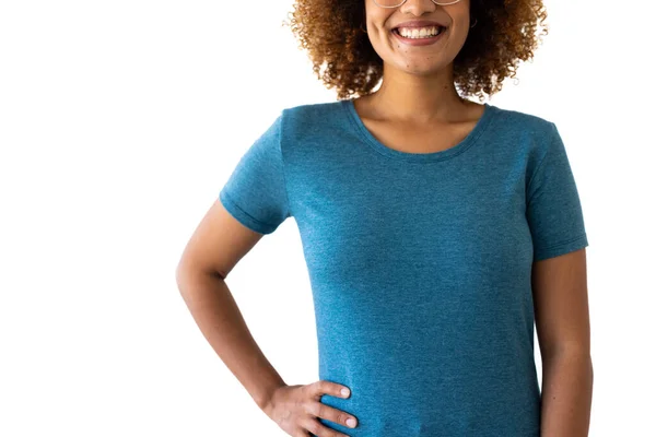 Biraciale Vrouw Met Blauw Shirt Met Kopieerruimte Witte Achtergrond Kleding — Stockfoto