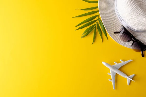Vliegtuigmodel Strohoed Zonnebril Plant Gele Achtergrond Met Kopieerruimte Reizen Vervoer — Stockfoto