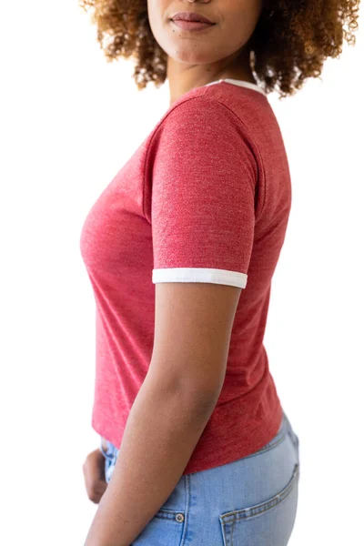 Mujer Biracial Vistiendo Camiseta Roja Con Espacio Copia Sobre Fondo — Foto de Stock