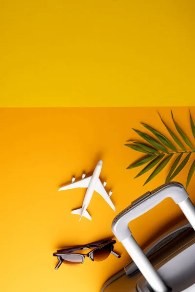 Vliegtuigmodel Zonnebril Plant Koffer Gele Achtergrond Met Kopieerruimte Reizen Vervoer — Stockfoto