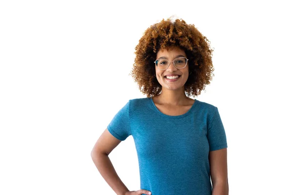 Retrato Mujer Biracial Con Camiseta Azul Con Espacio Para Copiar — Foto de Stock