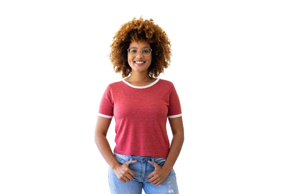 Portret Van Een Biraciale Vrouw Met Een Rood Shirt Met — Stockfoto