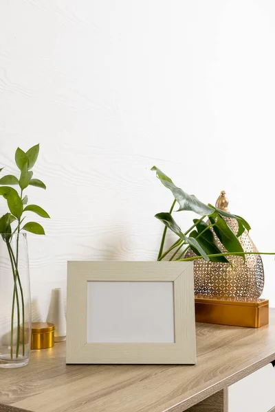 Vertical Empty Wooden Frame Copy Space Shelf Plants Pots White — Stock Photo, Image