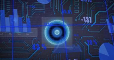 Bilgisayar devre kartının üzerinde kapsam ve veri işleme animasyonu. Dijital olarak oluşturulmuş küresel bilgisayar ve veri işleme kavramı.