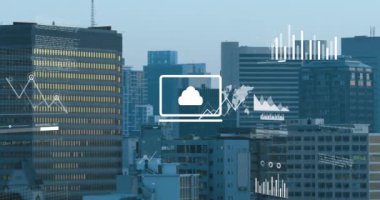 Animation of financial data processing over cityscape. Global business, finances, computing and data processing concept digitally generated video.