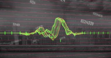 Şehir manzarasının havadan görüntüsüne karşı çoklu değişen sayıların ve veri işlemenin animasyonu. İş veri teknolojisi kavramı