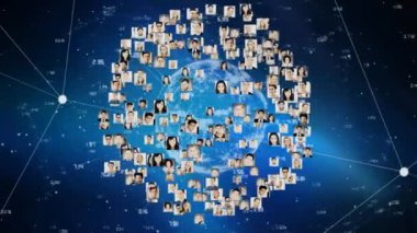 Siyah arkaplanda veri işleme üzerinden insanlarla olan bağlantıların küreselleşmesi. Küresel teknoloji, bilgisayar ve dijital arayüz kavramı dijital olarak oluşturulmuş video.