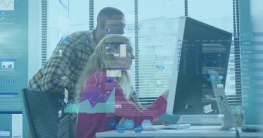 Animation of financial data processing over diverse business people in office. Global business, finances, computing and data processing concept digitally generated video.