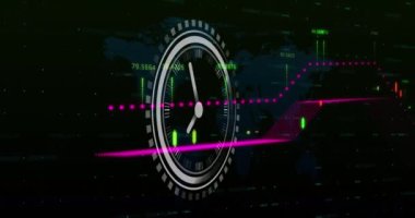 Siyah arka planla dünya haritasında tıklayan saatin ve finansal veri işlemenin animasyonu. Küresel finans ve iş teknolojisi kavramı