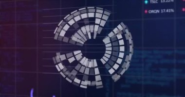 Mavi zemin üzerinde istatistiksel ve borsa veri işleme üzerinde dönen 3D kürenin animasyonu. Küresel ekonomi ve iş veri teknolojisi kavramı