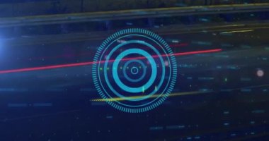 Yuvarlak tarayıcının animasyonu ve gece şehir trafiğinin hızlandırılmasına karşı finansal veri işleme. Küresel finans ve iş teknolojisi kavramı
