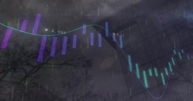 Yüksek binaya yağan yağmurla ilgili veri işleme ve dünya haritasının animasyonu. İş veri teknolojisi kavramı