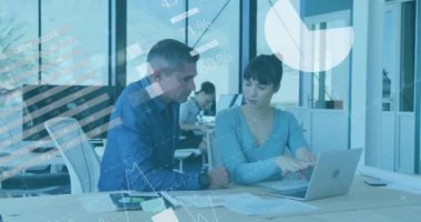 Animation of financial data processing over diverse business people in office. Global business, finances, computing and data processing concept digitally generated video.