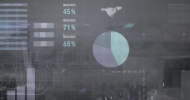 Animation of financial data processing over cityscape. Global business, finances, computing and data processing concept digitally generated video.