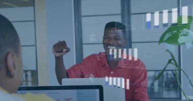 Animation of financial data processing over diverse business people in office. Global business, finances, computing and data processing concept digitally generated video.