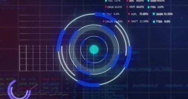 Mavi arka planda, istatistiksel ve borsa veri işleme üzerine neon yuvarlak tarayıcının animasyonu. Küresel ekonomi ve iş veri teknolojisi kavramı