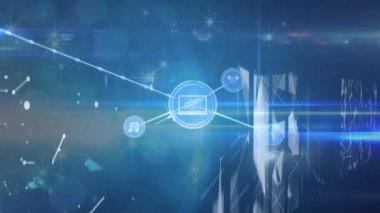 Mavi arkaplandaki şekillerin üzerindeki simgelerle bağlantı ağının animasyonu. Dijital olarak oluşturulmuş küresel bağlantılar, bilgisayar ve dijital arayüz kavramı.