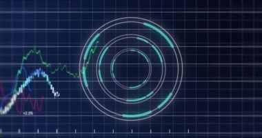 Mavi arkaplan ile şebeke üzerinden yuvarlak tarayıcı ve finansal veri işleme animasyonu. Küresel finans ve iş teknolojisi kavramı